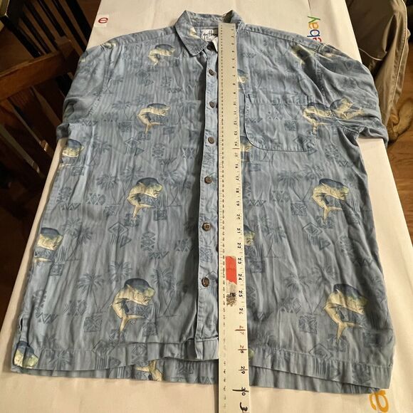 Guy Harvey AFTCO Shirt Mahi Tapa Hawaiian Fish Print Button Up Woven Camp Sz L - Picture 6 of 7